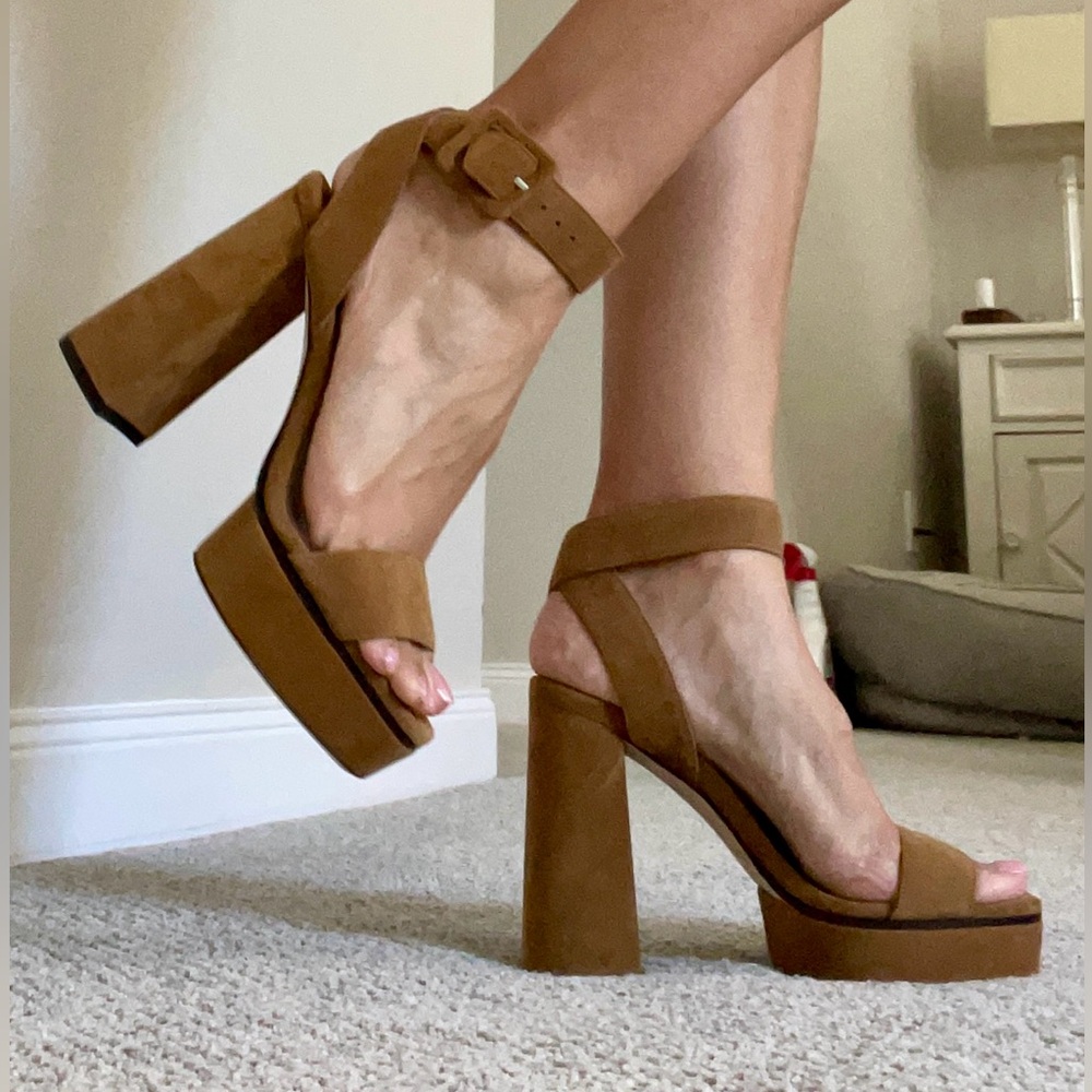 Jimmy Choo Camel Suede Platform Heels - Picture 3 of 4